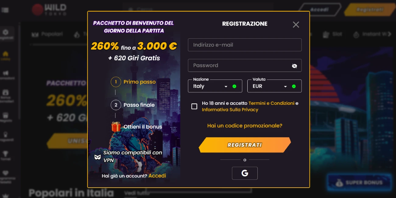 Modulo di registrazione al Wild Tokyo Casino
